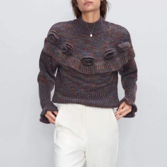 ZARA Mohair Roses & Ruddle Multi Colour Knit Mockneck Sweater - Picture 1 of 13